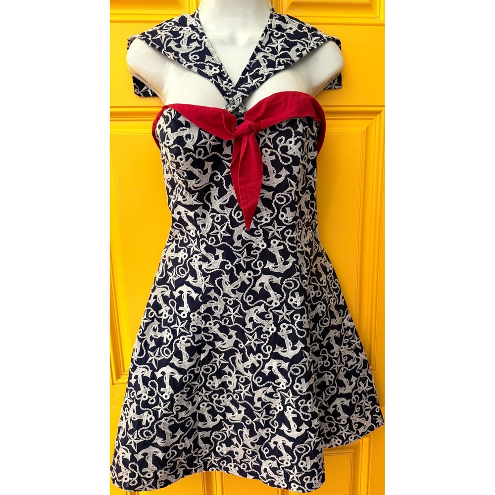 Betsey Johnson Dress Nautical Anchor Star Strapless Twee Y2k Flare Pinup Size 6